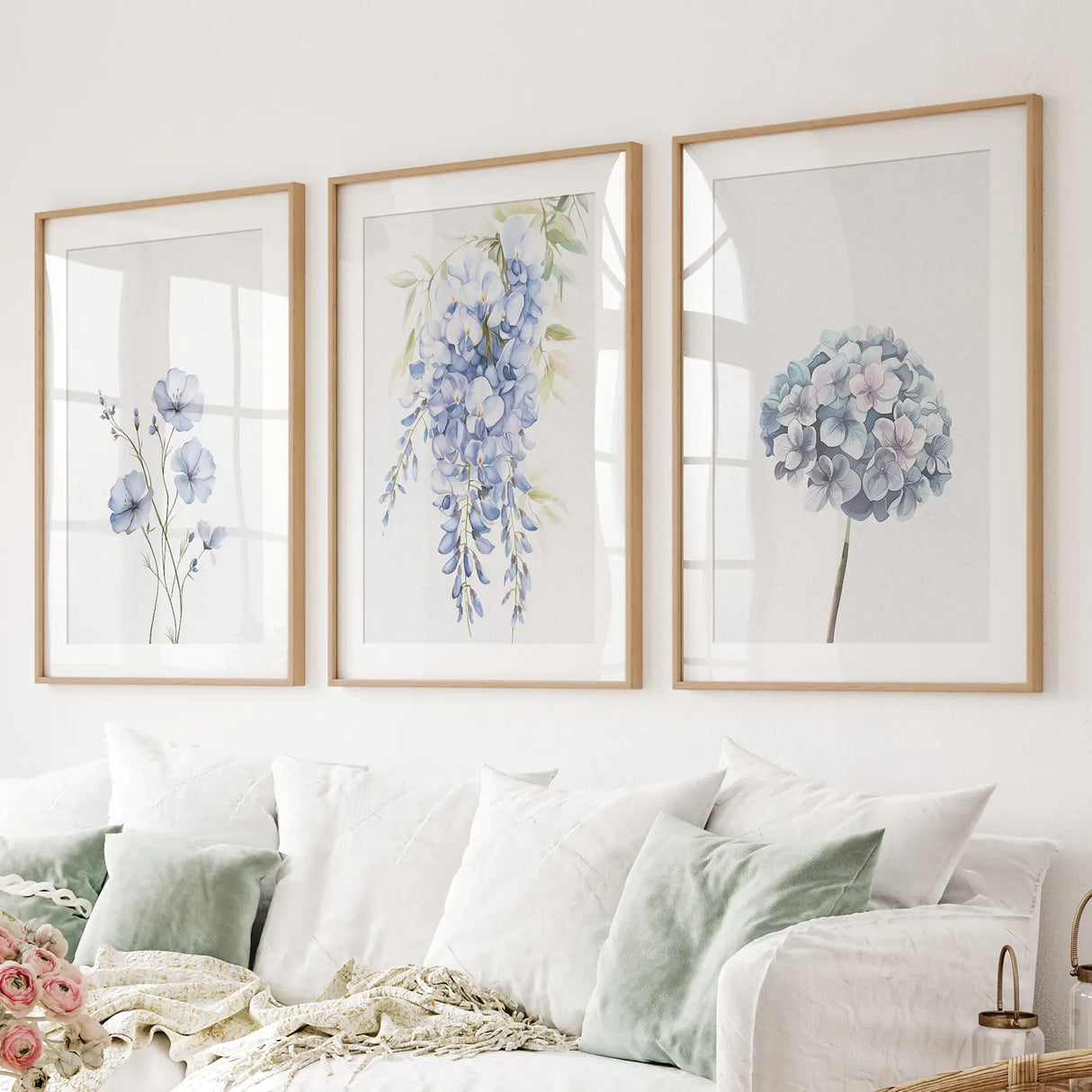 Set of 3 Blue Watercolor Minimalist Flowers Prints