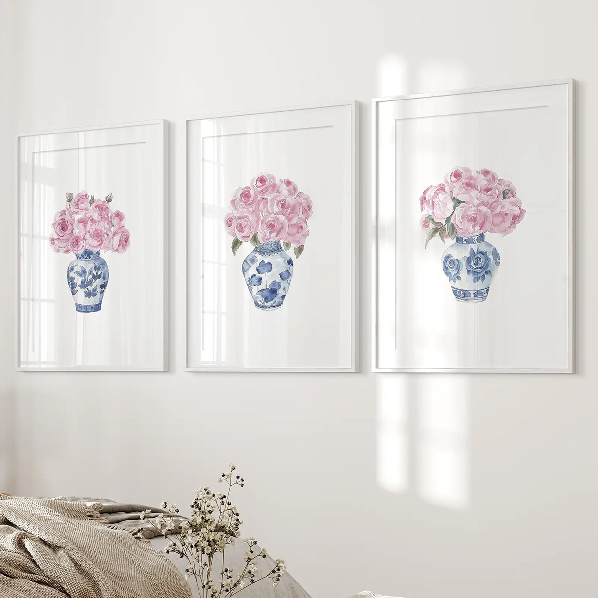 Blue Chinoiserie Watercolor Roses Art Print Set