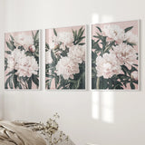 Peonies Flowers Wall Art Set of 3. Pink and Green Decor
