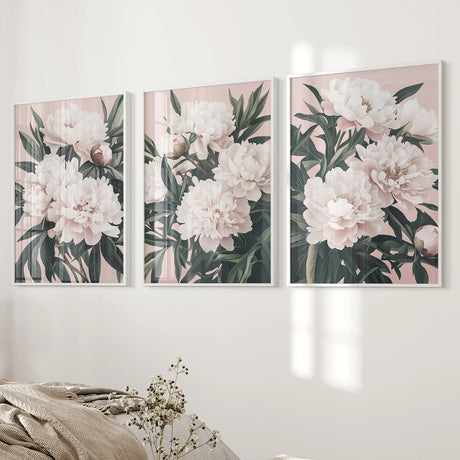 Peonies Flowers Wall Art Set of 3. Pink and Green Decor
