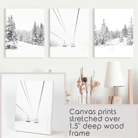 Winter Skiing Black White Wall Art. Ski Lift, Snowy Forest
