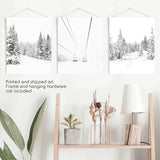 Winter Skiing Black White Wall Art. Ski Lift, Snowy Forest