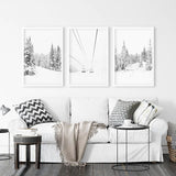 Winter Skiing Black White Wall Art. Ski Lift, Snowy Forest