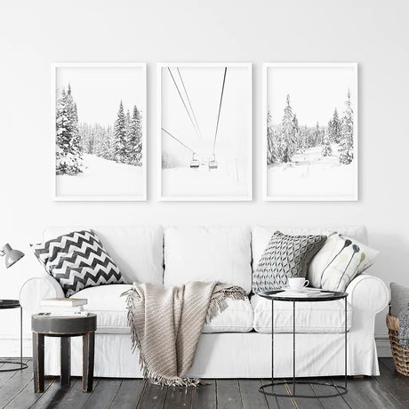 Winter Skiing Black White Wall Art. Ski Lift, Snowy Forest