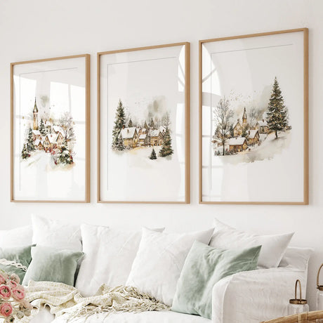 Vintage Snowy Christmas Set of 3 Wall Decor Prints