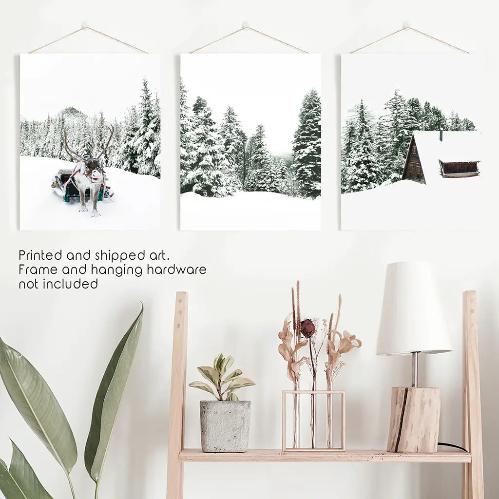 Winter Snowy Nature Triptych. Reindeer, Log Cabin, Pine Tree
