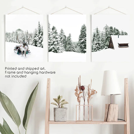 Winter Snowy Nature Triptych. Reindeer, Log Cabin, Pine Tree