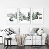 Winter Snowy Nature Triptych. Reindeer, Log Cabin, Pine Tree