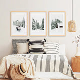 Winter Snowy Nature Triptych. Reindeer, Log Cabin, Pine Tree