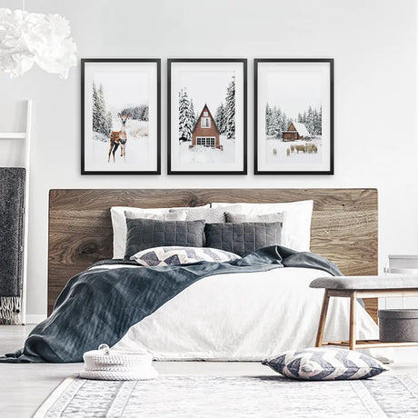 Rustic Winter Set of 3 Wall Art Prints. Animals, Log Cabin