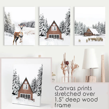 Rustic Winter Set of 3 Wall Art Prints. Animals, Log Cabin