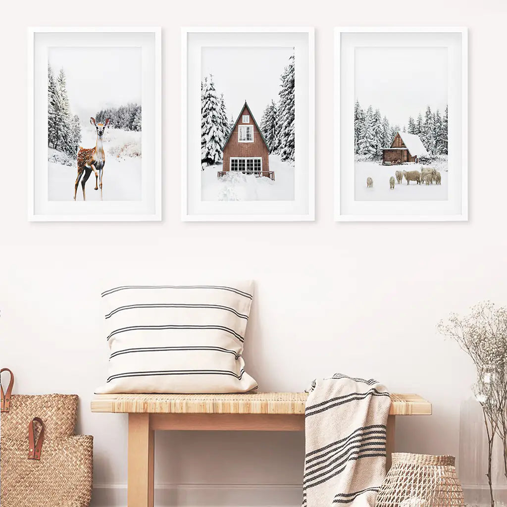 Rustic Winter Set of 3 Wall Art Prints. Animals, Log Cabin