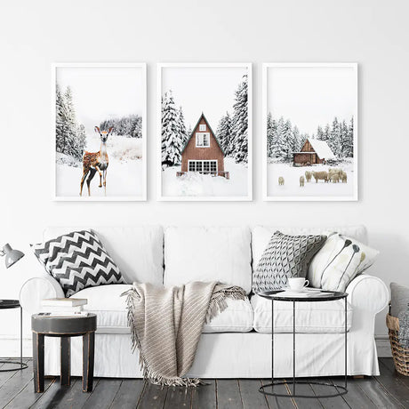 Rustic Winter Set of 3 Wall Art Prints. Animals, Log Cabin