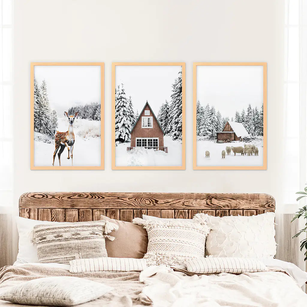Rustic Winter Set of 3 Wall Art Prints. Animals, Log Cabin