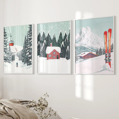 Ski Lifts, Cozy Cabin, and Snowy Peaks Wall Art