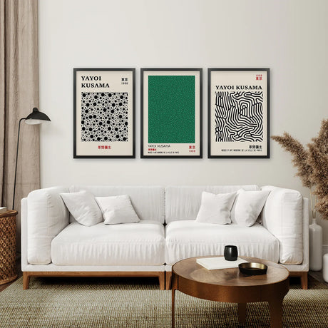 3 Piece Sage Green Abstract Japanese Wall Art Set. Yayoi Kusama