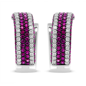 18K White Gold 1 7/8 Cttw Diamond and 1mm Round Red Ruby Open Swish Hoop Earrings (F-G Color, VS1-VS2 Clarity)