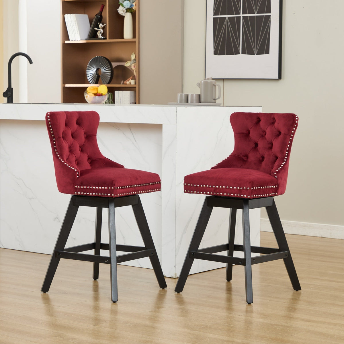 A&A Furniture Swivel Velvet Barstools with Button Tufted Decoration - view 16
