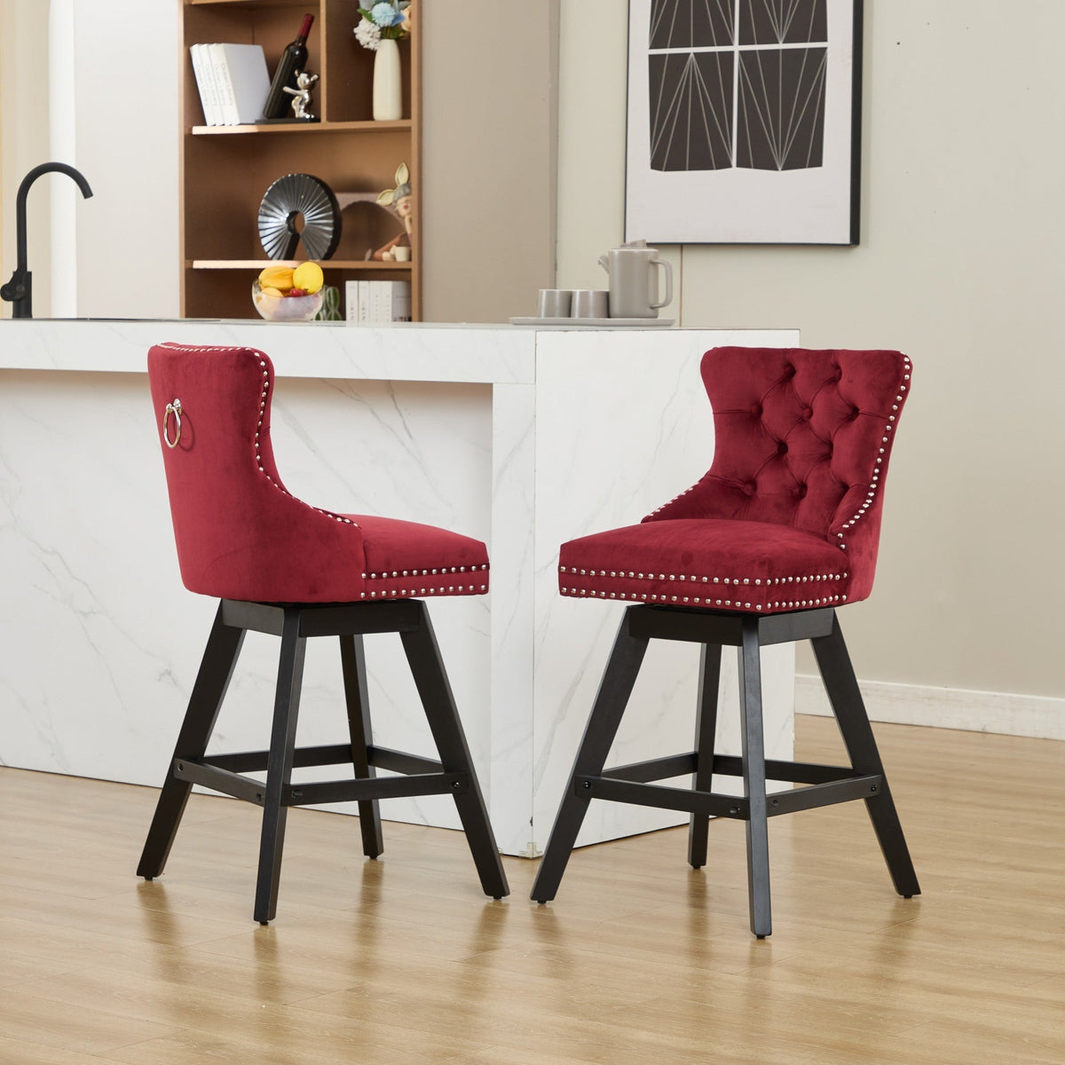 A&A Furniture Swivel Velvet Barstools with Button Tufted Decoration - view 17