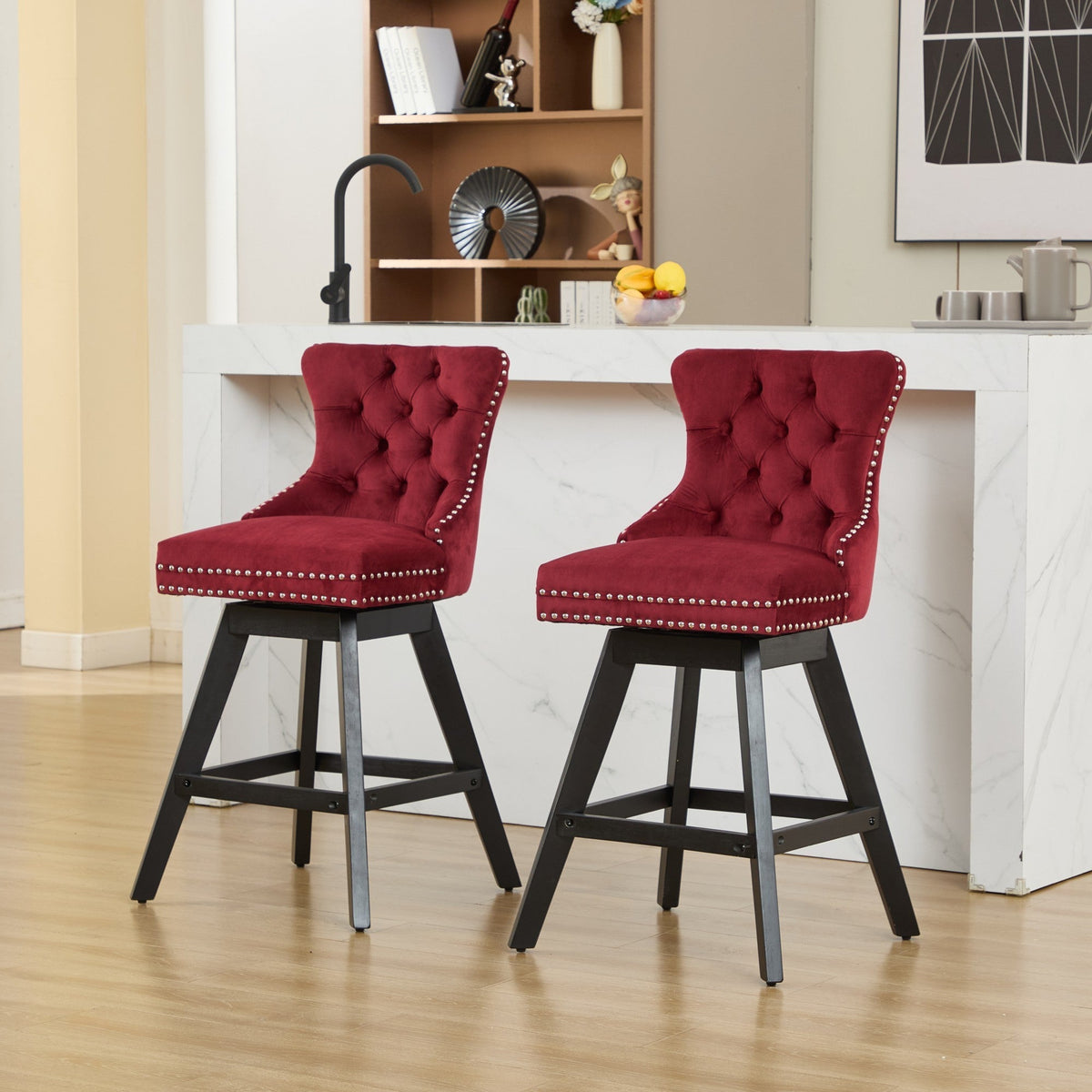 A&A Furniture Swivel Velvet Barstools with Button Tufted Decoration - view 18