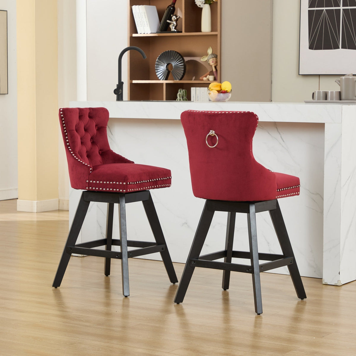 A&A Furniture Swivel Velvet Barstools with Button Tufted Decoration - view 20