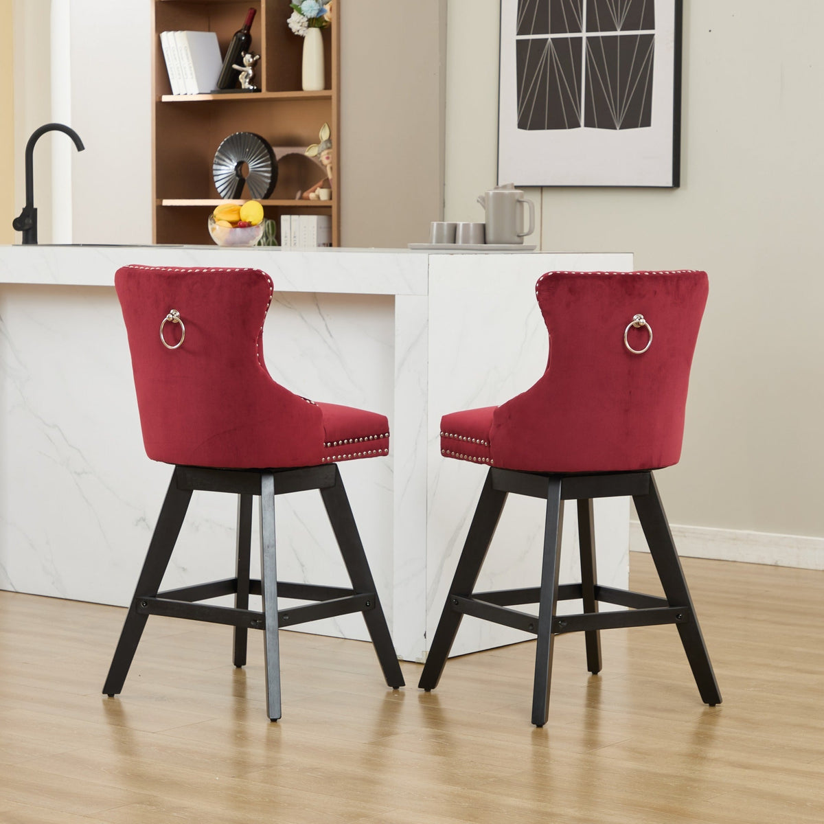 A&A Furniture Swivel Velvet Barstools with Button Tufted Decoration - view 21