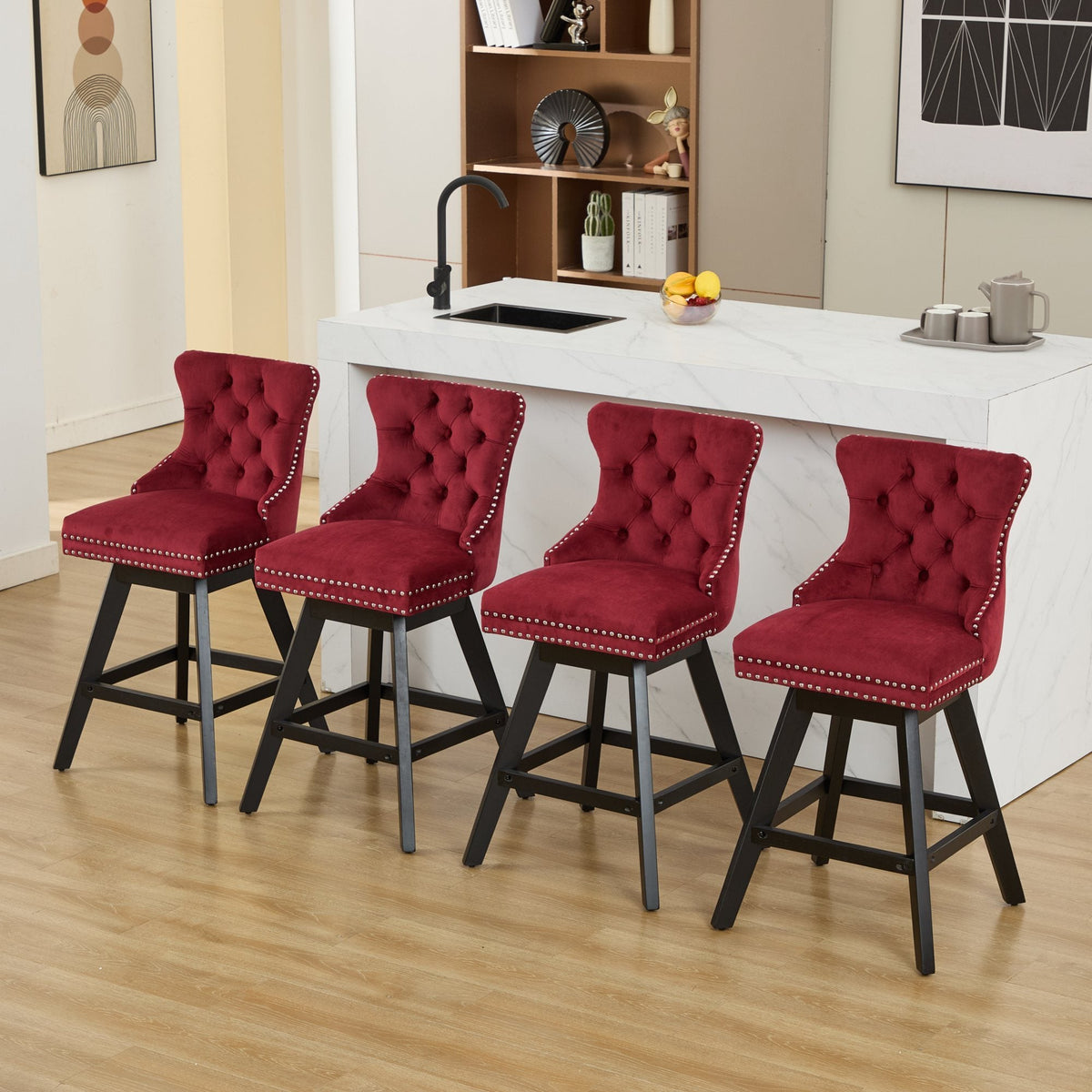 A&A Furniture Swivel Velvet Barstools with Button Tufted Decoration - view 22