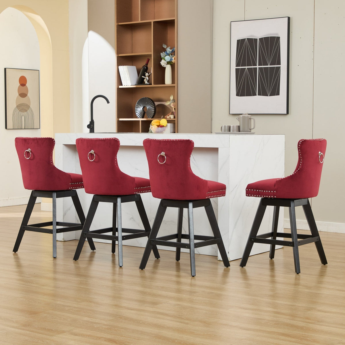 A&A Furniture Swivel Velvet Barstools with Button Tufted Decoration - view 23