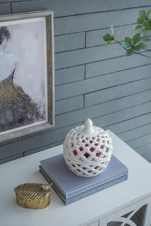Decorative White Glazed Ceramic Jar with Lattice Design