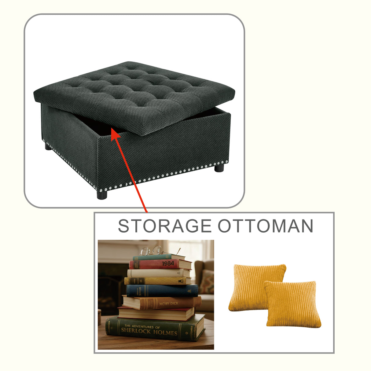Tufted Storage Ottoman with Nailhead Trim - Dark