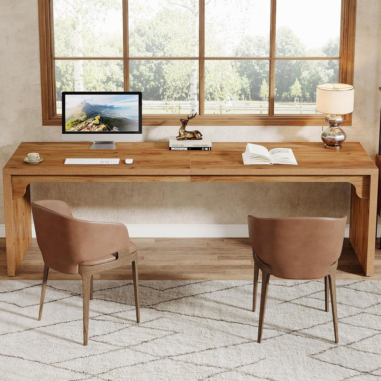 Extra Long 2 Person Computer Desk, Large Workstation - Brown
