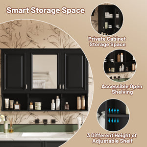 Modern Wall Mounted Mirror Medicine Cabinet With Open Shelves, Adjustable Interior, Storage Over Toilet