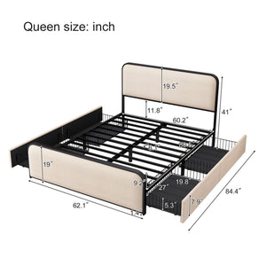 Modern Bed With Curved Upholstered Headboard And Footboard, Heavy Duty Metal Slats