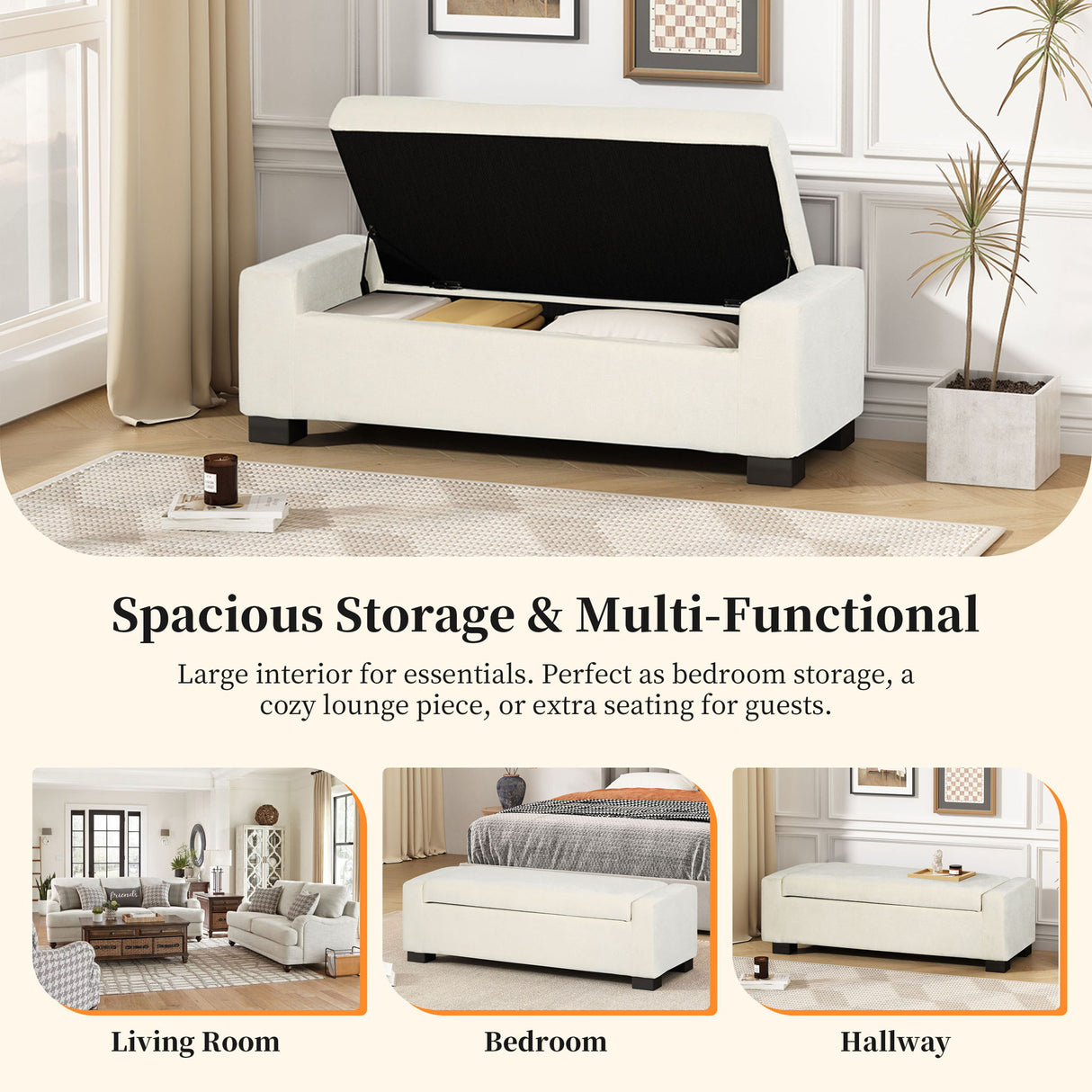 Textured Fabric Ottoman Bench With Hinged Lid