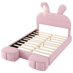 Full Upholstered Platform Bed With Cartoon Ears Headboard And LED Light - Pink