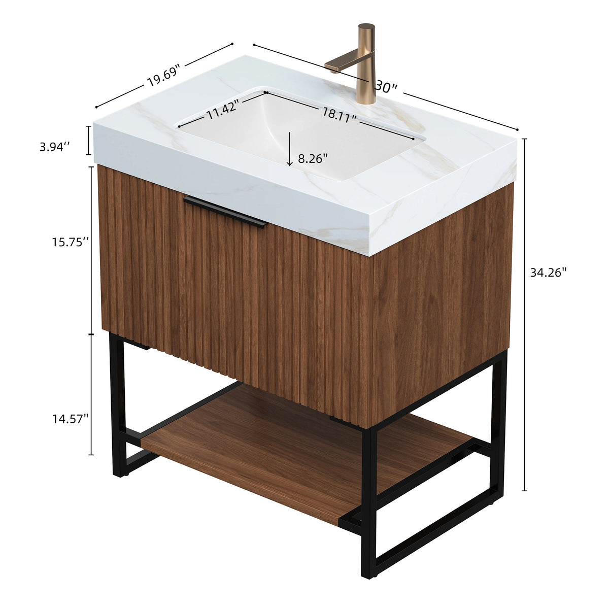 YOLAN 30" Bathroom Vanity & Sink, Freestanding Striped Plywood Storage Cabinet