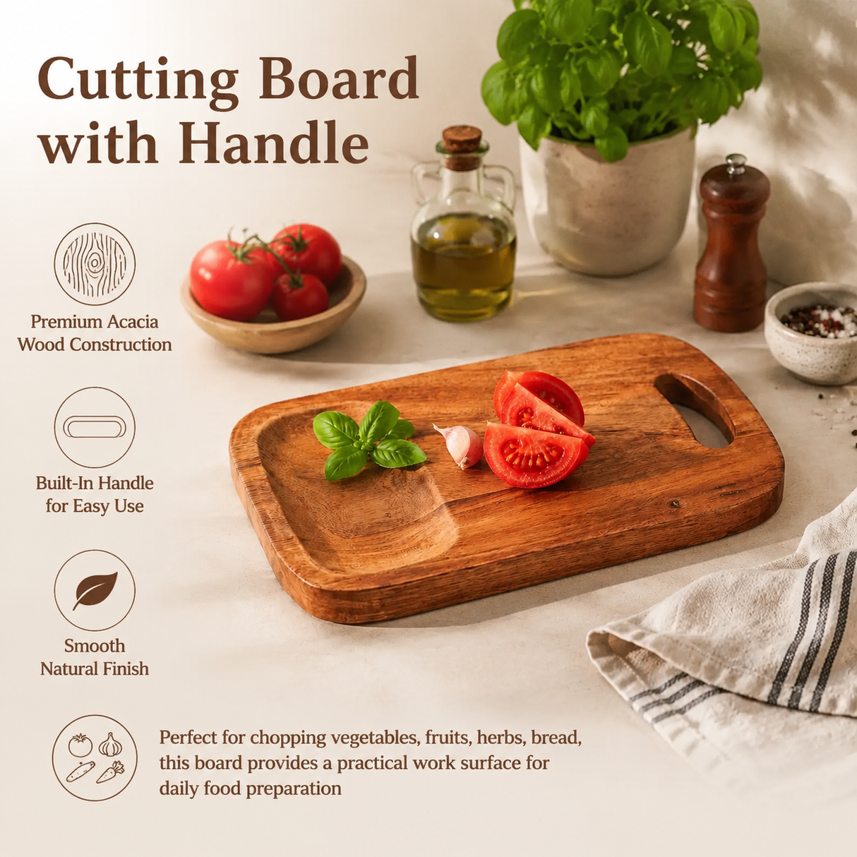 Acacia Wood Cutting Board with Built-In Handle