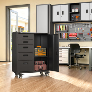 Metal Tool Garage Storage Cabinet with 5 Drawers and 1 Door