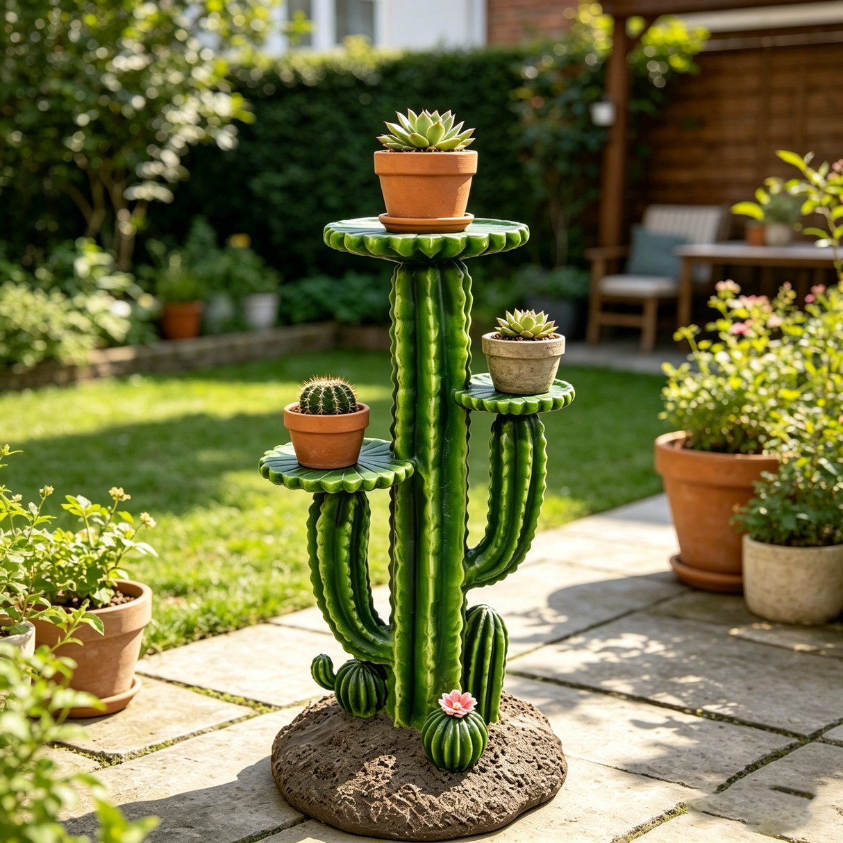 32'' Resin Saguaro Cactus Plant Stand with 3 Display Shelves, Large Multi-Tier Cactus Sculpture Flower Pot Holder, Weatherproof Outdoor Garden Decor for Patio Yard Lawn Succulent Display Rack Ornament