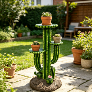 32'' Resin Saguaro Cactus Plant Stand with 3 Display Shelves, Large Multi-Tier Cactus Sculpture Flower Pot Holder, Weatherproof Outdoor Garden Decor for Patio Yard Lawn Succulent Display Rack Ornament