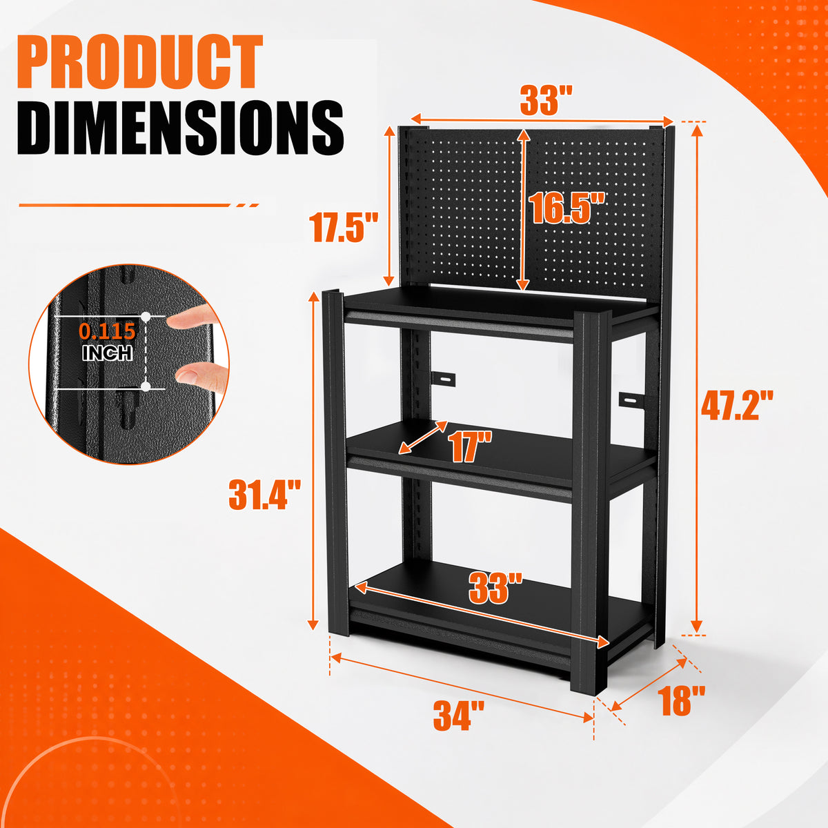 3-Tier Heavy-Duty Metal Storage Shelving Unit with Pegboard