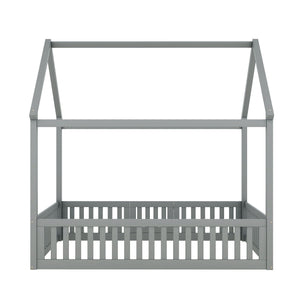 Wood House Bed With Fence And Door