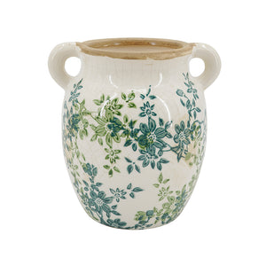 Floral Twin-Handle Ceramic Vase, 7.5 x 6.3 x 7.7 Inches