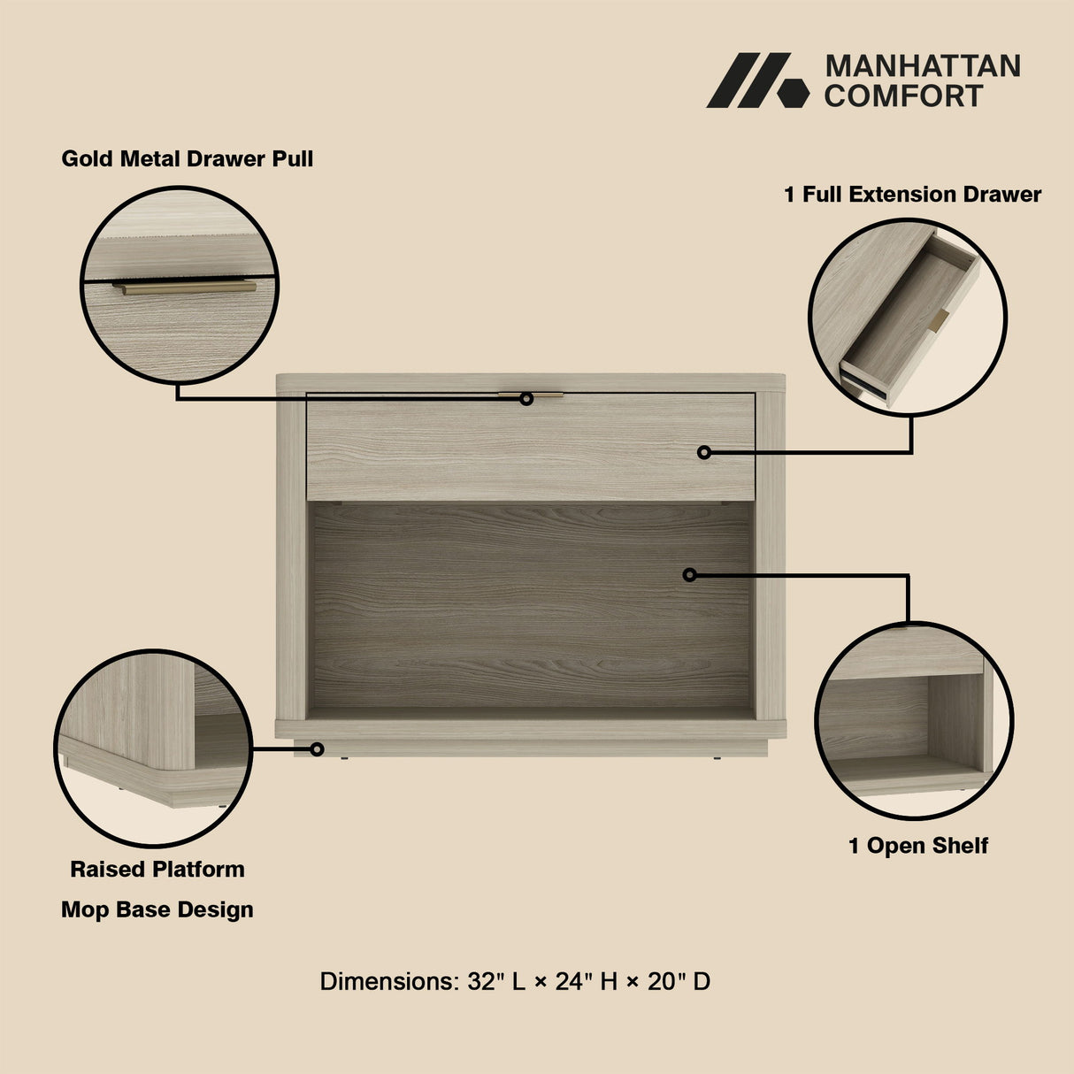 Evelyn - Nightstand With 1 Drawer And Open Shelf
