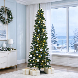 6 FT Pre-Lit Slim Noble Fir Pencil Christmas Tree, 390 Branch Tips, Warm White LED