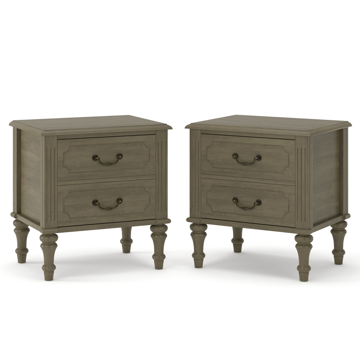 Fluted Nightstand 2-Piece Set, 21-Inch, Mid Century Modern Solid Wood, Antique Bronze