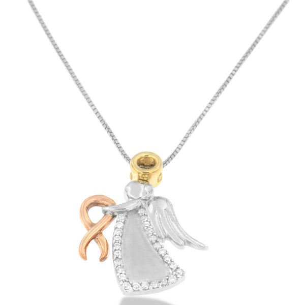 10K Tri-Color Gold Diamond-Accented Angel Awareness Ribbon Pendant Necklace (H-I Color, I1-I2 Clarity)