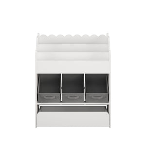 Bookshelf With Storage Bins And Drawer, Multi Functional Book Organizer For Toddlers - White