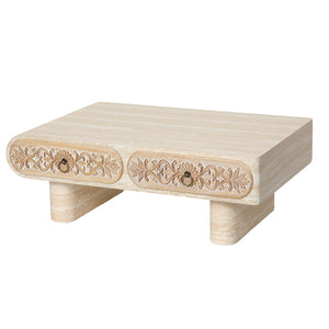 Rounded Edge Coffee Table with Flower Pattern Solid Wood Drawer