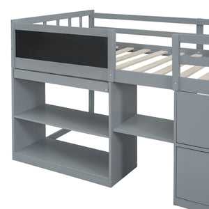 Low Loft Bed With Rolling Desk, Shelf And Drawers